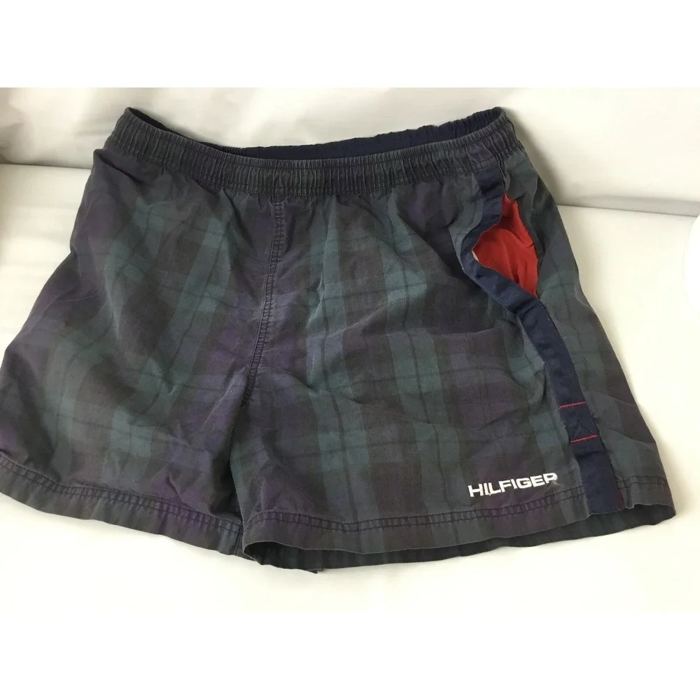 Vintage Tommy Hilfiger Shorts Sz XL Swim Trunks Reto 90s Tartan Plaid Spell Out